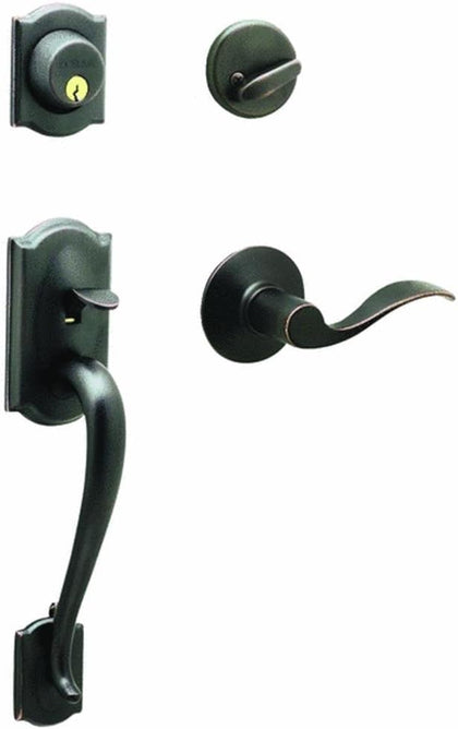 Front Door Entry Handleset, Accent Lever, Aged Bronze | Exterior front door handleset with deadbolt & reversible