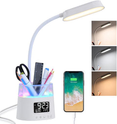 LED Desk Lamps for Home Office with Pen Holder, Table Lamp for Bedroom with USB Charging Port & Clock, RGB Night