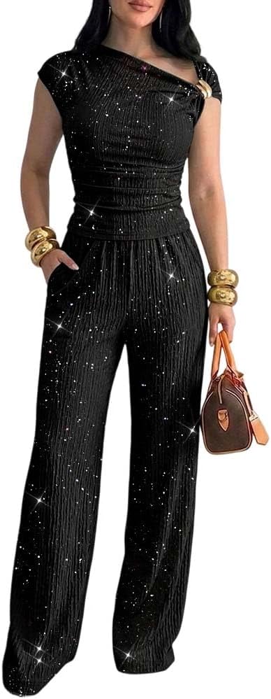 Women's Glitter 2 Piece Set One Shoulder Top Wide Leg Pants