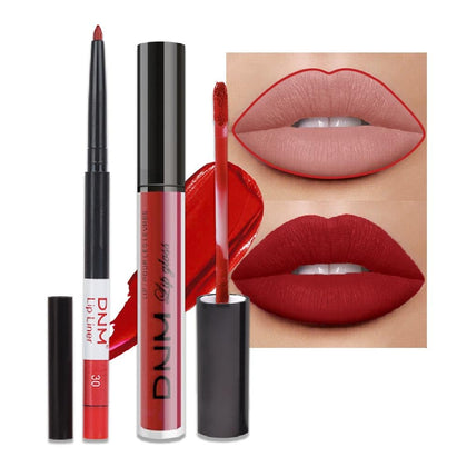 2Pcs Dark Oxblood Red Matte Lip Liner and Lipstick Combo Lip Gloss Stains Pencil Makeup Set Women Long Lasting 24