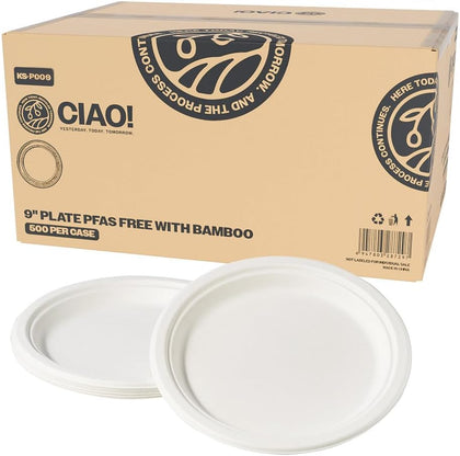 9" Heavy Duty Plate 100% Compostable PFAS Free Unbleached Bagasse Natural White (Pack of 500)
