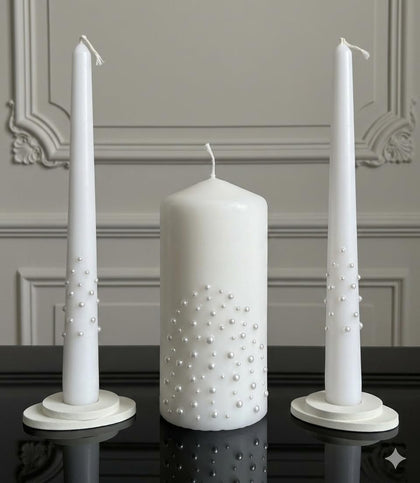 Pearl Cascade Unity Candle Set for Wedding Ceremony & Reception, White Unity Candles 6” Pillar & Two 10” Taper