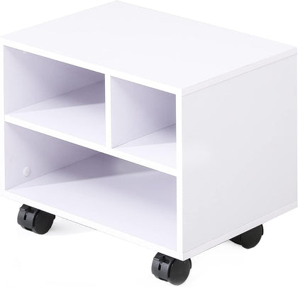 Printer Stand Under Desk, Small Wood Mobile Printer Table, White | Work Cart on Removable Casters, with 3 Storage