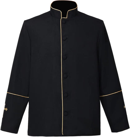 Mens Clergy Coat Church Priest Robe Vestment Stand Up Collar Button Down Top Outwear for Pastor