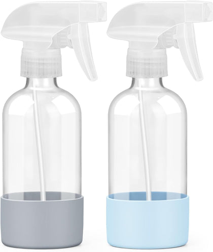 2 Pack Glass Spray Bottles 8 oz, Empty Refillable Containers with Silicone Sleeve Protection, Glass Spray Bottles for