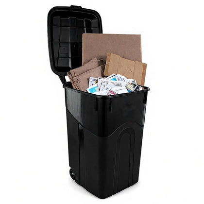 45 Gallon Wheeled Heavy Duty Trash Can with Attached Lid, Outdoor & Indoor Garbage Bin, Click-Lock Secure Lid &