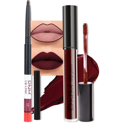 2Pcs Dark Deep Burgundy Red Matte Lipstick and Lip Liner Makeup Set for Women Dark Blood Red Liquid Matte Brown