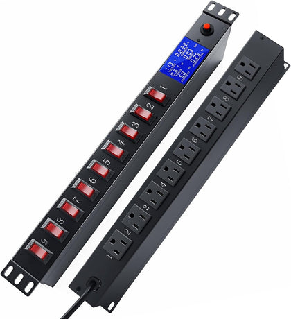 9 Outlet Rack Mount Power Strip with Individual Switches, PDU Surge Protector 15A 125V 1875W, 1U Server Rack Power