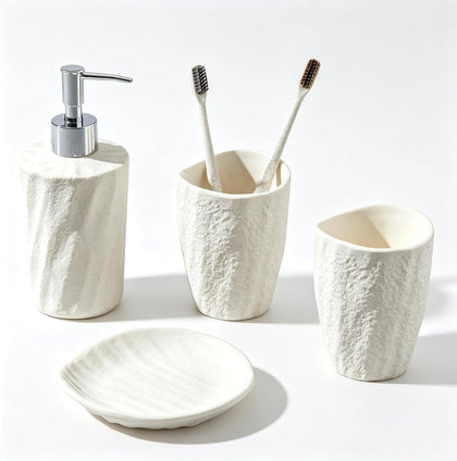 Bathroom Accessories Set, 4 PCS Modern Stone Texture, White | Minimalist, Resin, with Liquid Soap Dispenser 11.5 OZ