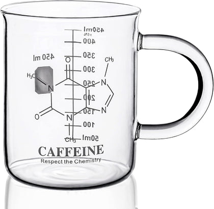 Caffeine Beaker Mug, Chemistry Coffee Mug 16 oz Borosilicate Glass, Measuring Graduated Beaker (450ml)