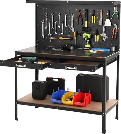 48" 2-Tier Garage Workbench, Heavy-Duty Cold-Rolled Steel Work Table with Back Panel, Lower Storage Shelf, Black Tool