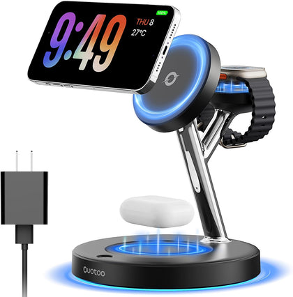 【Adjustable Blue Ambient Light】 Wireless Charger 3 in 1 for iPhone, Magnetic Charging Station for Apple Family,15W