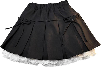 Girls Pleated Skirt Lace Hem Elastic Waist Uniform Teens Comfort School Kids Clothes with Bow