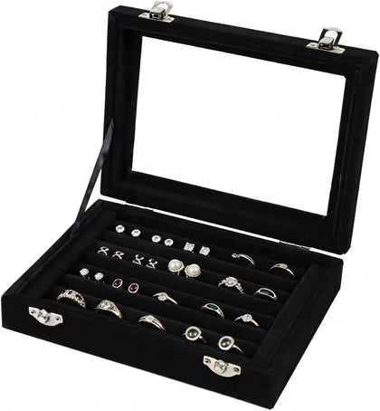 Jewelry Box Rings Organizer Tray 7 Slots Velvet Jewelry Earring Storage Box With Transparent Lid Jewelry Display Case