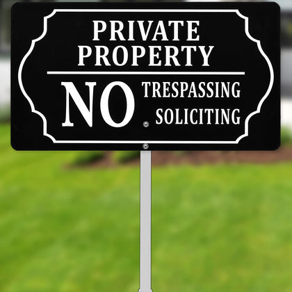 Private Property Sign, 7 x 13 Inch/35 Inch High | No Soliciting No Trespassing Sign with Metal Stake, Aluminum