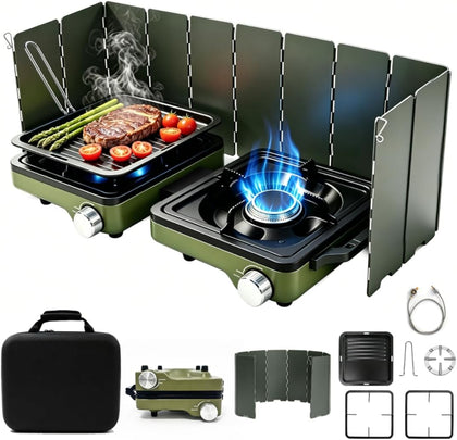 2 Burner Portable Camp Stove, 24000 BTU Propane Camping Stove with Windshield, Folding Gas Stove with Carry Bag
