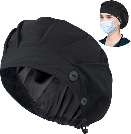 Bouffant Caps with Button and Sweatband, Adjustable Scrub Caps for Women Men, Satin Layer Black