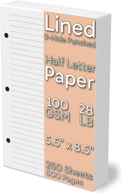 Half Letter Lined Paper, 3-Hole Punched, 250 Sheets/500 Pages, 100 GSM, Line Paper Binder Refill, 5.5 in. x 8.5 in.