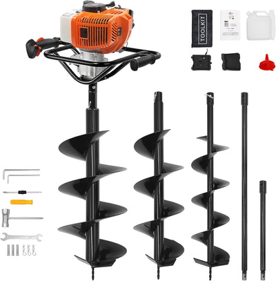 62cc 2-Stroke Auger Post Hole Digger with 2 Extension Rods & 6" & 8" Auger Bits - Gas Powered Earth Auger for