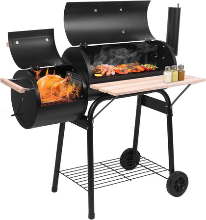 44in Large Barrel Charcoal Grills with Offset Smoker,Outdoor BBQ Grill,Vertical Picnic Barbecue Grills,Portable