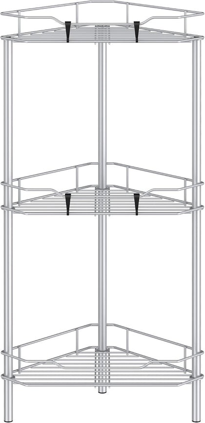 Metal Floor Standing Corner Shower Caddy, Silver, 3 Tier | Adhesive Bathroom Organizer Shelves, Free Standing Shower