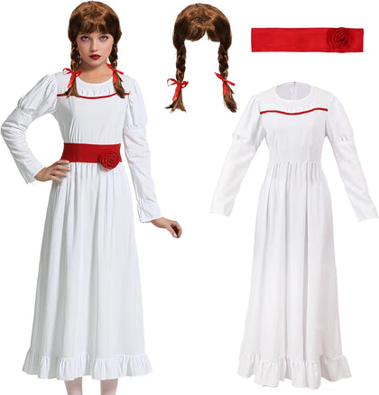 Halloween Annabelle Costume Adult Long White Dress Horror Scary Ghost Role Play Costume Annabelle Wig Cosplay Suits