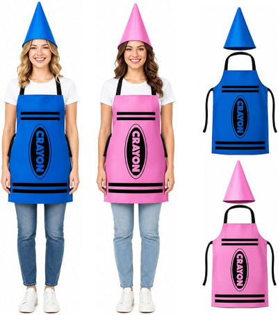 Crayon Costume Set for Adults - School Halloween Dress Up Outfit | Polyester Crayon Outfit with Apron and Cone Hat