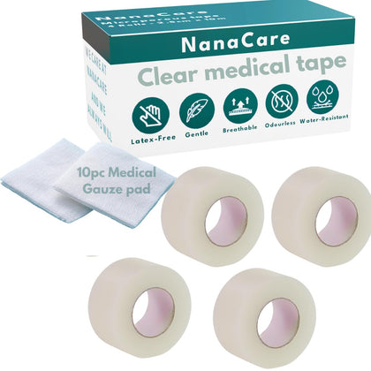 Clear Medical Tape Waterproof, 4 Rolls - 1 inch x 10 yds + 10 pc Gauze Pads - Hypoallergenic Surgical Tape for Wound