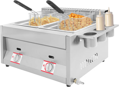 Commercial Deep Fryer, Dual Tank Countertop Fryer with Independent Temperature Control & Detachable Side Condiment