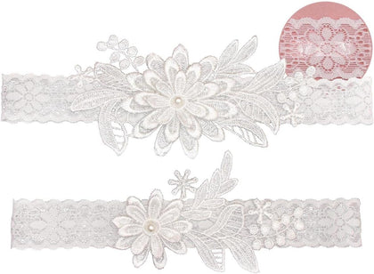 White Wedding Garters for Bride, Non Slip Silicone Lace Bridal Garters Set with Pearls Plus Size