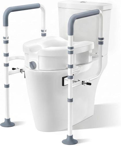 Raised Toilet Seat with Handles, Elevated Toilet Seat Risers for Seniors with Adjustable Padded Arms, Toilet Seat