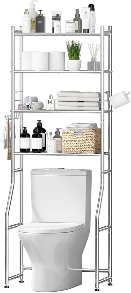 Over the Toilet Storage Cabinet, Metal 4 Tier Bathroom Shelves Over Toilet, Bathroom Oragnizer with 4 Hooks and Paper