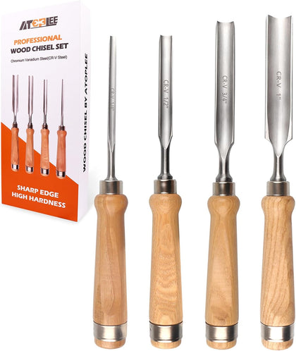Wood Chisel Set for Woodworking, 4 pcs Professional Wood Carving Chisel Tool Carpenter Gouge CR-V Steel Semi-Circular