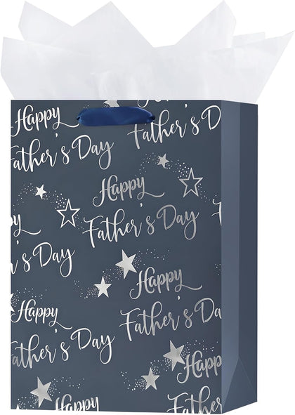 12.6" Medium Size Happy Fathers Day Gift Bag with Handles for New Dad Navy Blue Paper Gift Wrap Bags with Tissue