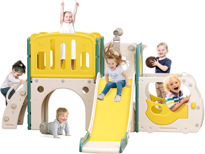 Toddler Slide Kids Slide Playset for Babies Bus Themed Toddler Playground with Climber Baskteball Hoop Indoor
