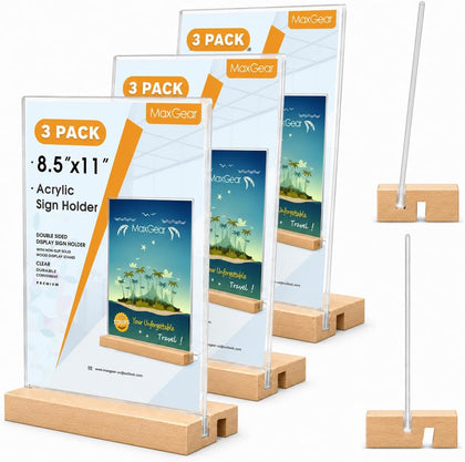 Acrylic Sign Holder with Wood Base 8.5"x11" T/L Display, 3 Pack | Easy Sign Replacement, Clear Acrylic Visibility