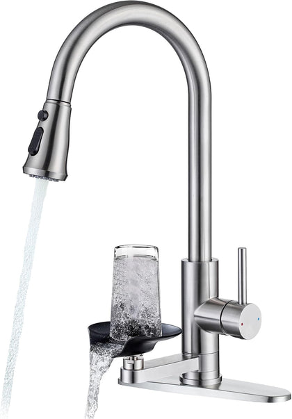 Pull Down Kitchen Faucet with Glass Rinser Single Handle Kitchen Sink Faucet with Pull Out Sprayer, Glass Rinser