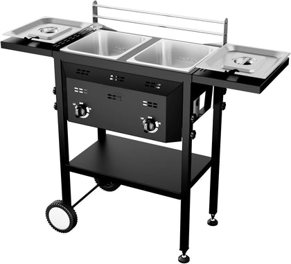 Outdoor Fryer with Dual 8QT Tank & Basket, 24,000 BTU Propane Deep Fryer with Side Shelf & Thermometers, Commercial