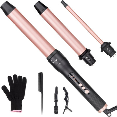 3 in 1 Curling Iron Set, Hair Curling Wand Set with Ceramic | Interchangeable Curling Wand(3/8"-1.25inch), Instant