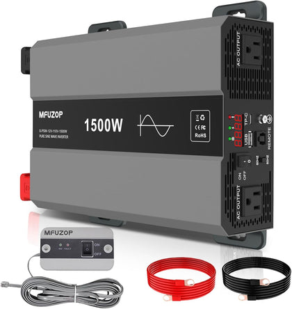 Pure Sine Wave Inverter 1500W Power 12V DC to 110V 120V AC Converter 3000W Peak Power Inverter with Dual AC Outlets
