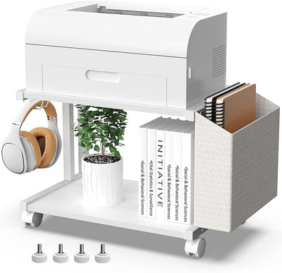 2 Tier Modern White Wooden Under Desk Printer Stand with Storage Bag for Home Office Desktop Printer Table Organizer