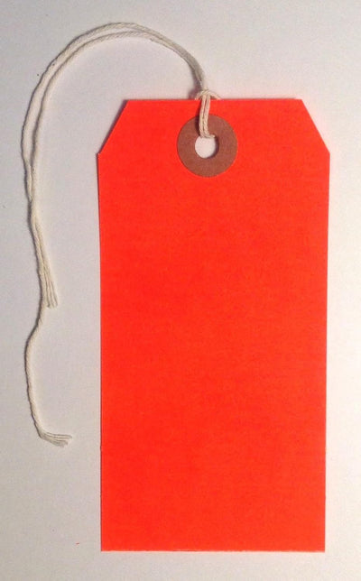 #5 Shipping Tag, 13 Pt. Fluorescent Red, 4-3/4" x 2-3/8", Heavy Duty, White String Attached, Fiber Reinforced Eyelet