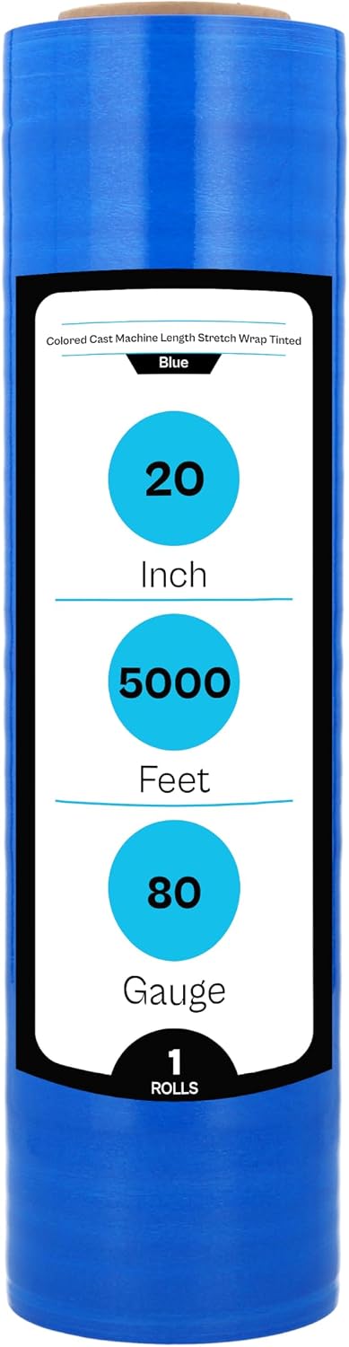 Blue Machine Stretch Wrap, 1 Pack, 20" x 5000 Feet, 80 Gauge, Tinted Color Plastic Cling Designed for Pallet Machine