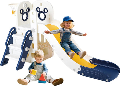 6 in 1 Toddler Slide, Extra-Long Slide for Kids Climber Playset, Indoor Outdoor Playground with Basketball Hoop &
