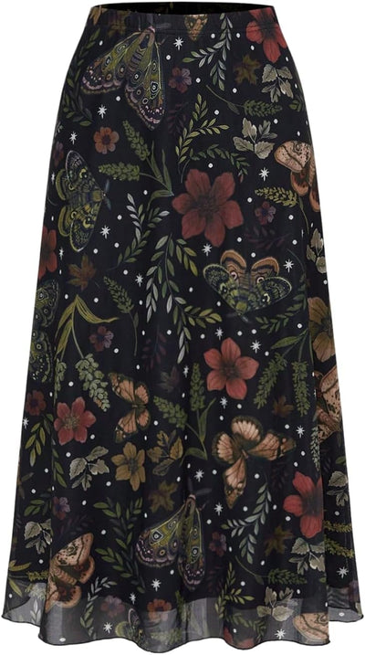 Women's Floral Mesh Midi Skirt Elastic A Line Whimsical Skirts