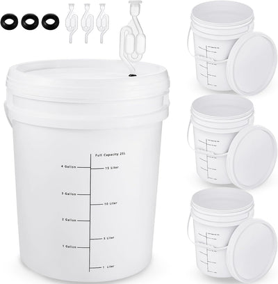 4 Pcs White 6.5 Gallon Fermentation Bucket with Twin Bubble Airlock Grommets Lid Brewing Wine Fermenter Fermentation