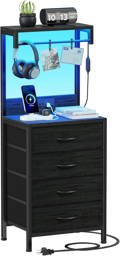 Tall Nightstand with Charging Station, Bed Side Table & End Table | 4 Fabric Drawers and Storage Wood Shelves, Dorm