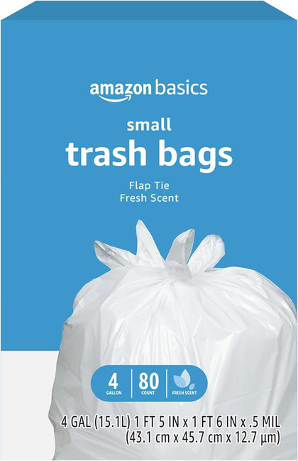 Small 4 Gallon Trash Bags with Flap Ties, Fresh Scent, Odor Control, 0.5 mil Thick, 80 Count