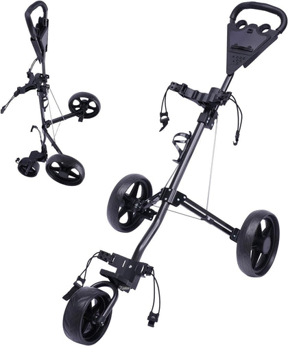 Golf Push Cart, 3 Wheels Folding Golf cart with Foot Brake & Phone Holder & Waterproof Cooler Bag, Portable