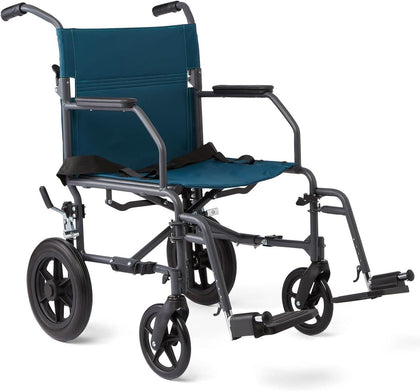 Durable Folding Steel Transport Wheelchair with 12-Inch Wheels, 19-Inch Seat Width, Gray Frame, Microban, Teal